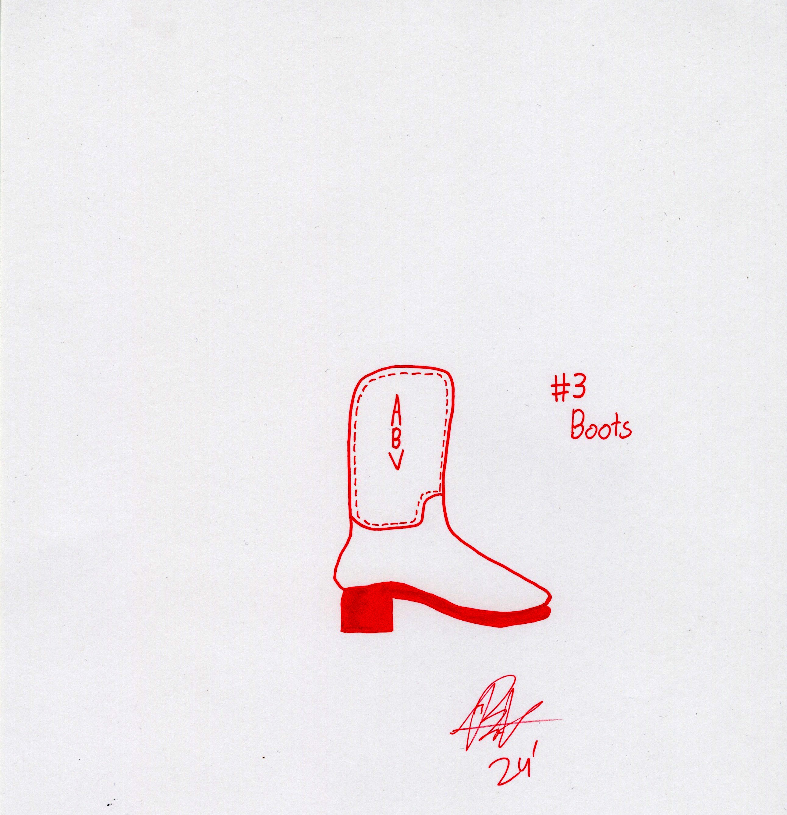 A single Tejano style boot with the letters A, B, V written from top to bottom for the day 3 prompt of Inktober 24, drawn in red ink